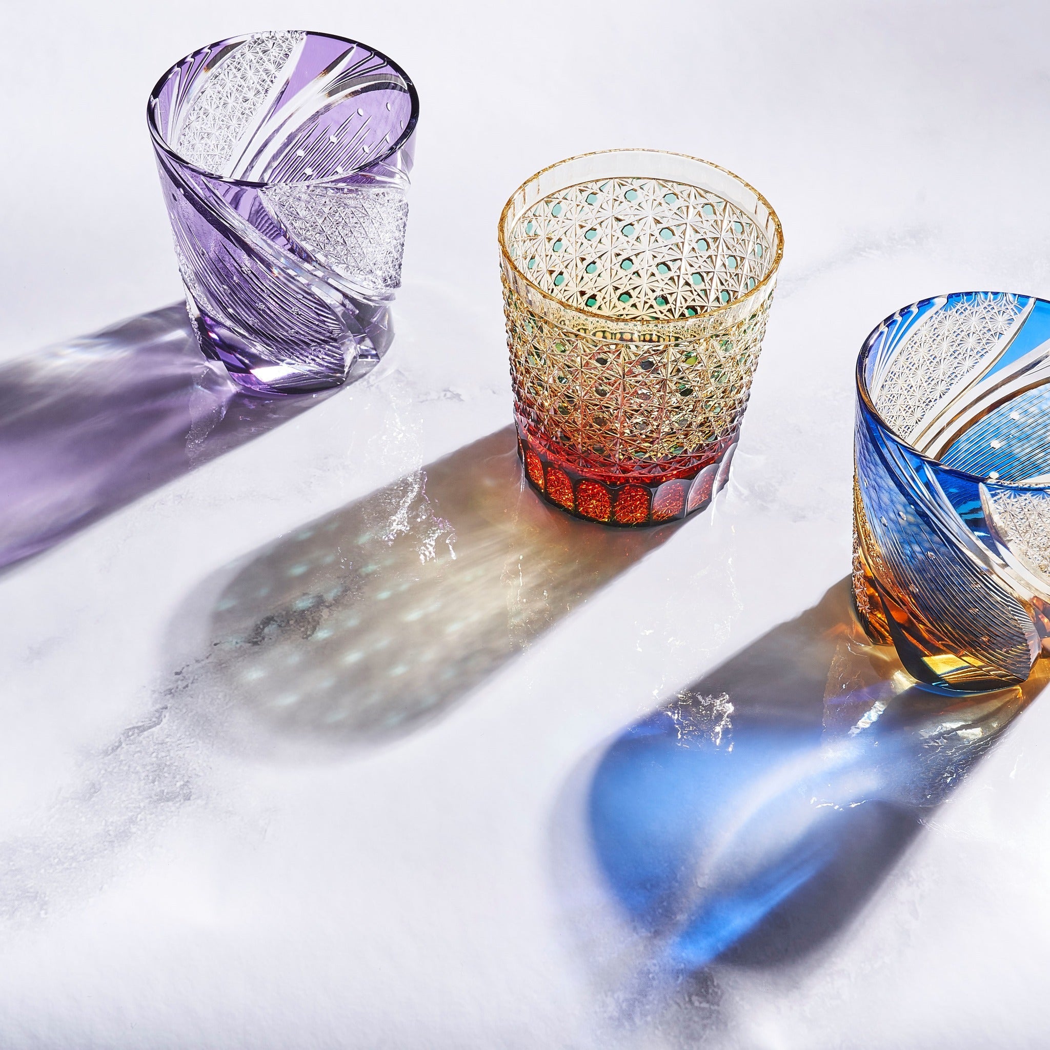 Three Edo Kiriko whiskey glasses