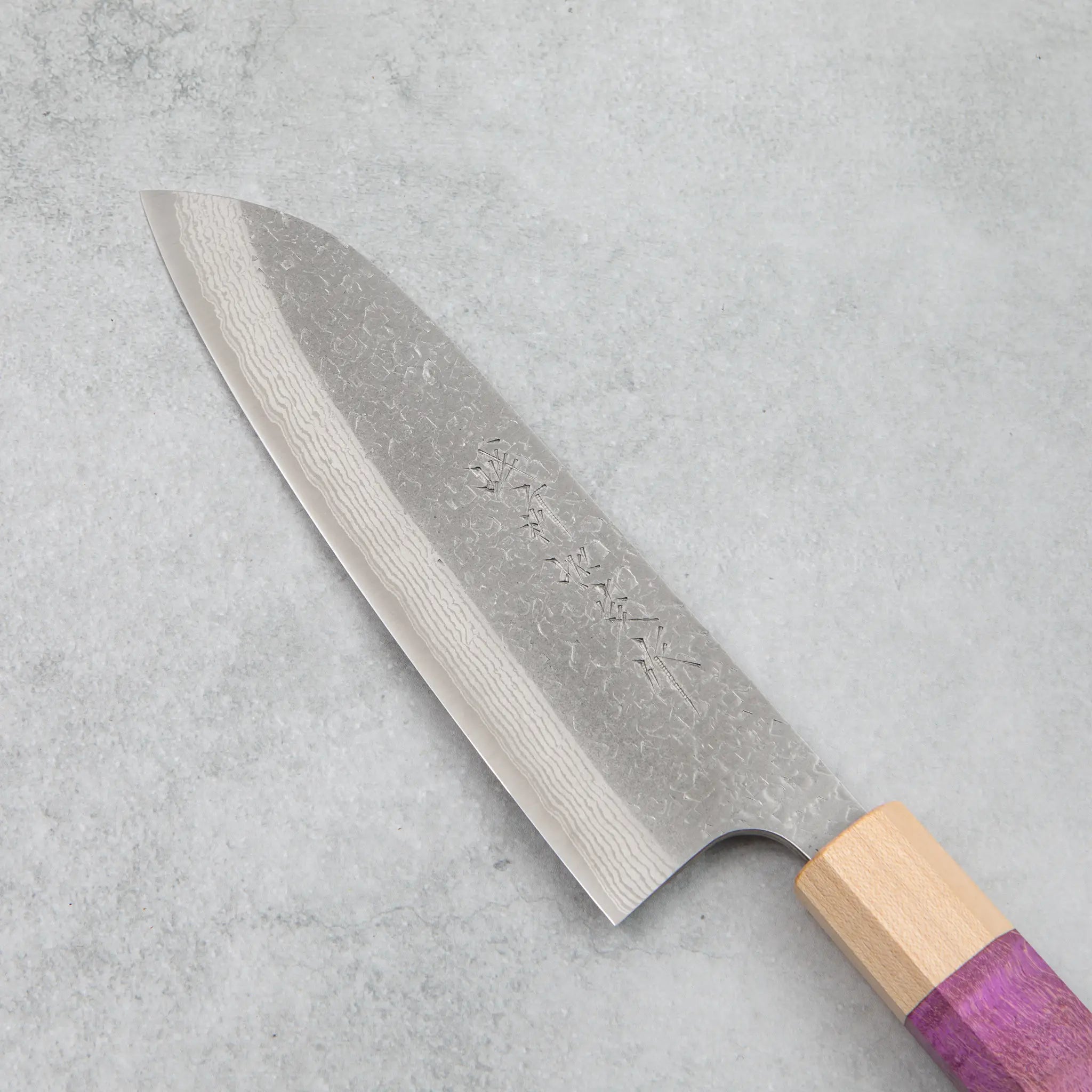 Kamo Hamono VG10 Tsuchime Damascus Juhyo Santoku Knife Purple Handle