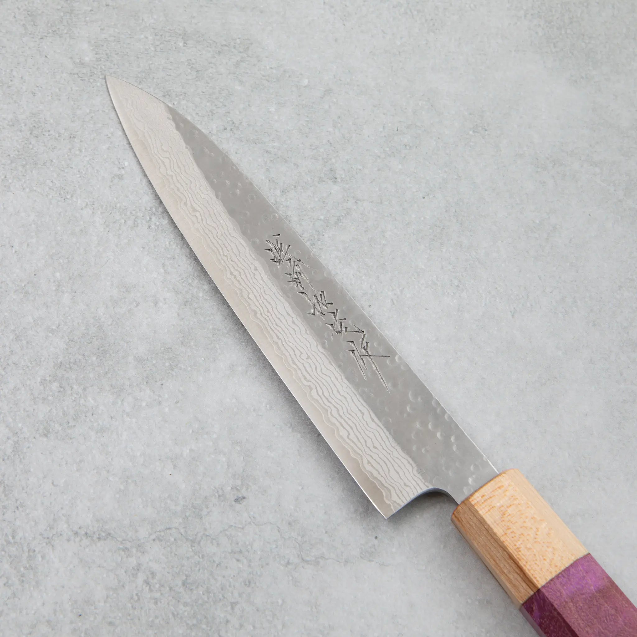 Kamo Hamono VG10 Tsuchime Damascus Shizuku Petty Knife Purple Handle