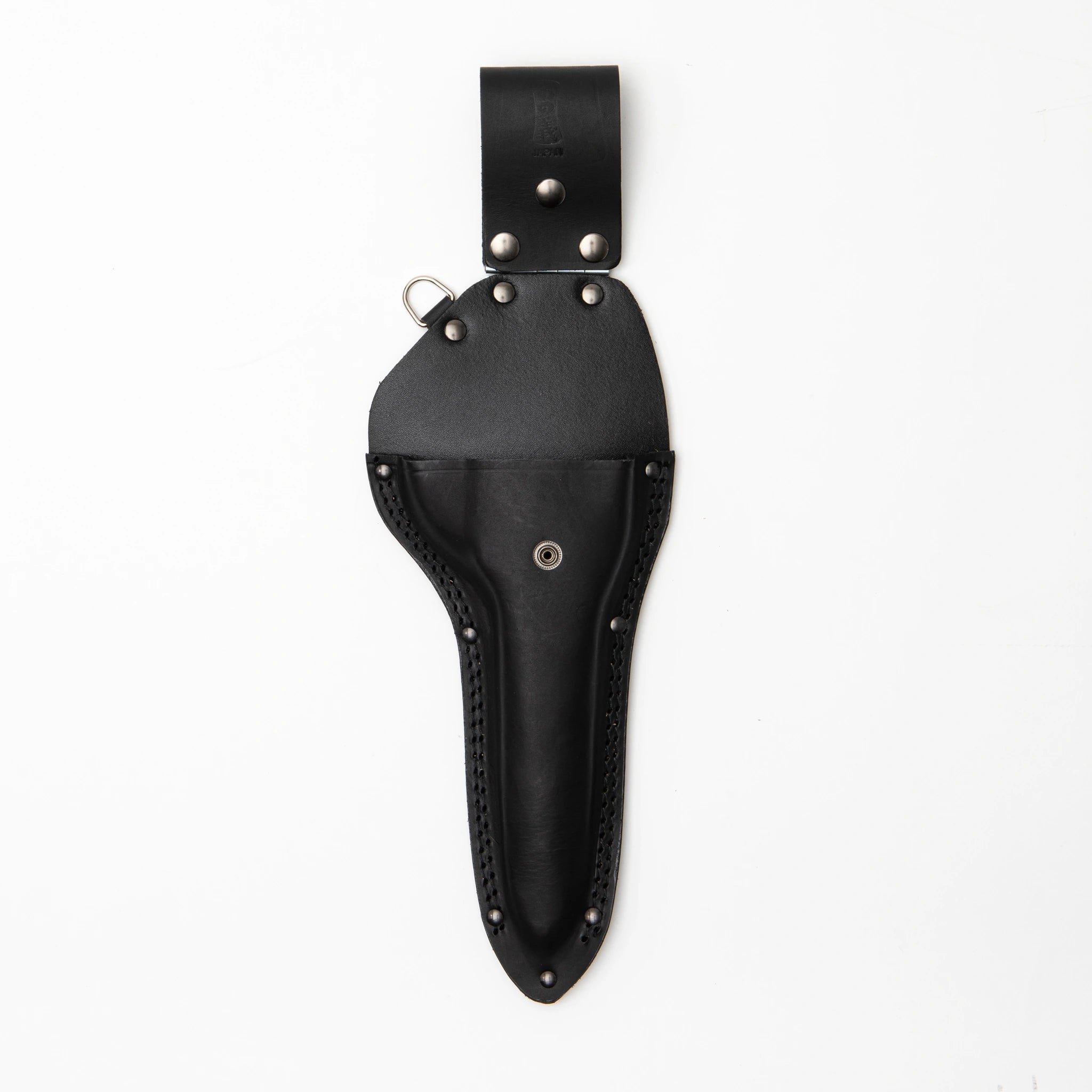 Front view of the Onoyoshi Hamono black leather holster case with the one-hand hedge shears with brass guard seated inside, showing double-stitched leather construction, stud detailing, snap button closure, and hinged belt bracket at top.