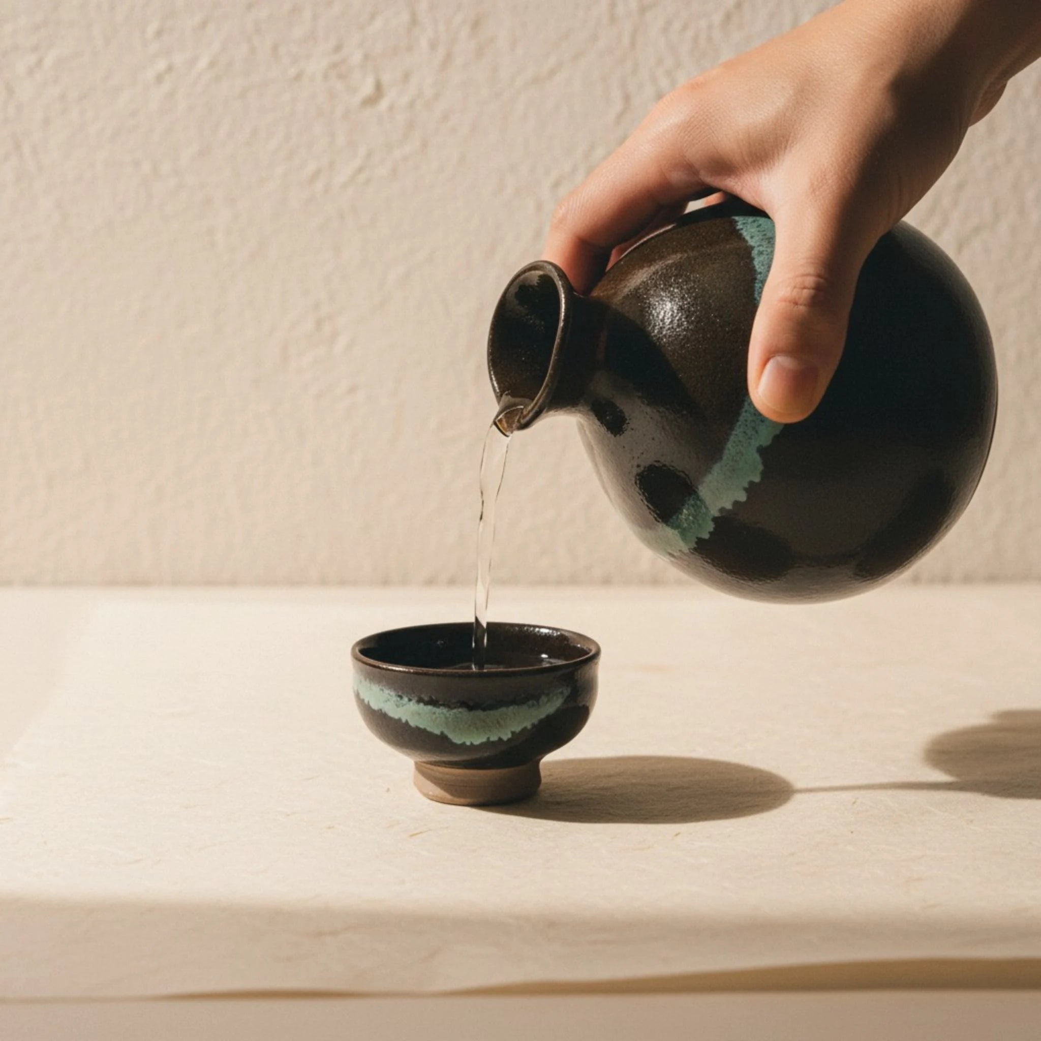 Ryumonji Yaki Pottery Sake Set Black Glaze