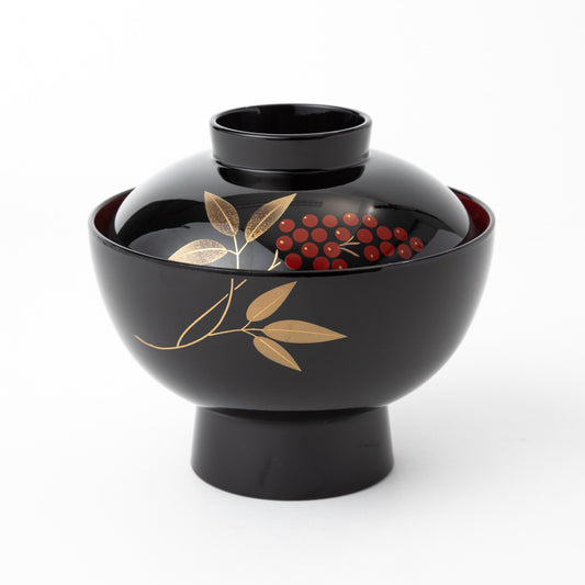 Aizu Lacquerware Nashiji Nandina Soup Bowl with Lid