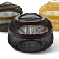 Set of three bamboo baskets in black, brown, and yellow, each with intricate open-weave designs and matching lids, showcasing traditional Japanese craftsmanship.