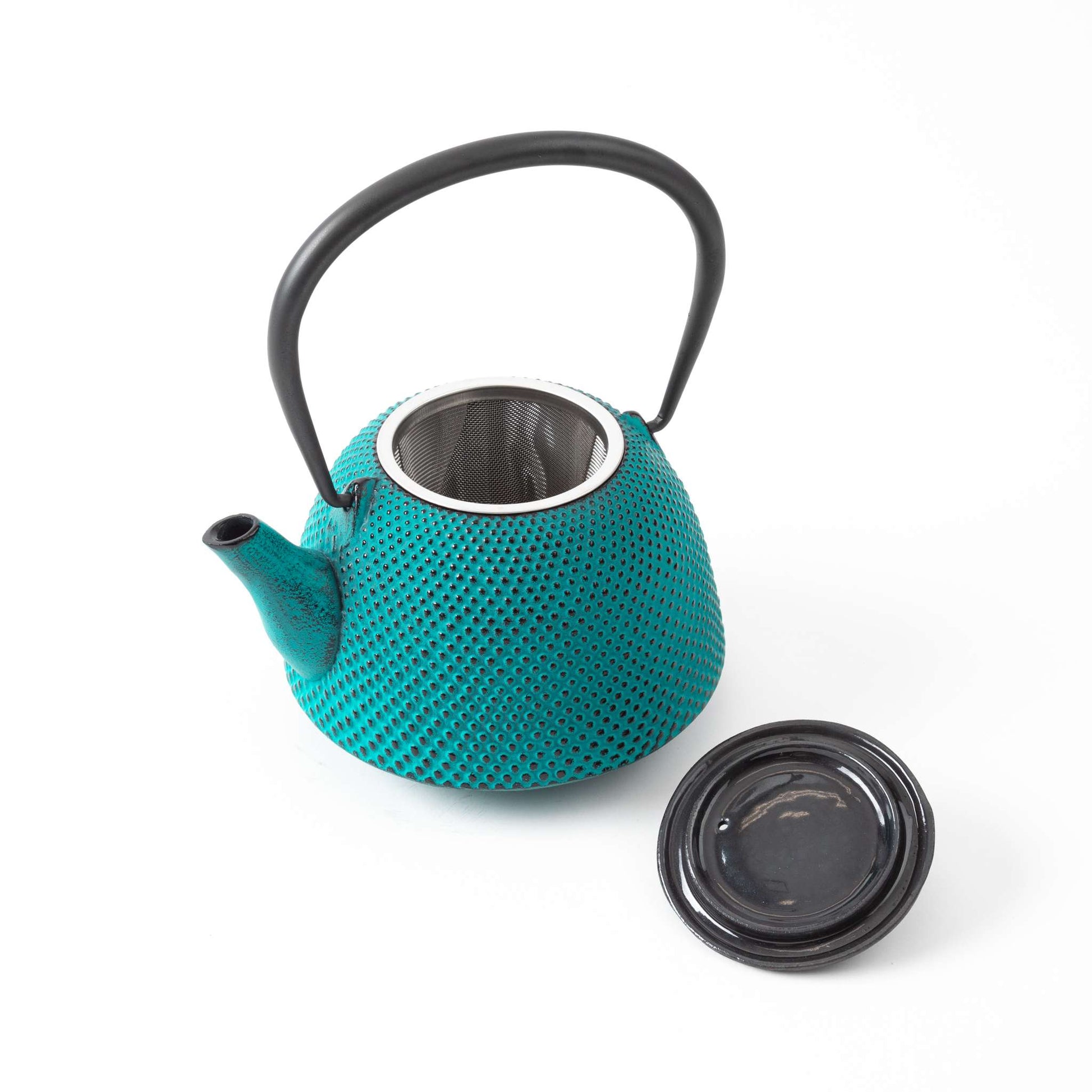 Classic Arare Sky Blue Nanbu Cast Iron Teapot with lid off, revealing the stainless steel tea strainer inside.