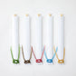 Set of 5 guest chopsticks individually wrapped in white paper sleeves with gold accents, each adorned with colorful mizuhiki knots in green, brown, red, blue, and gold, laid out flat for display.