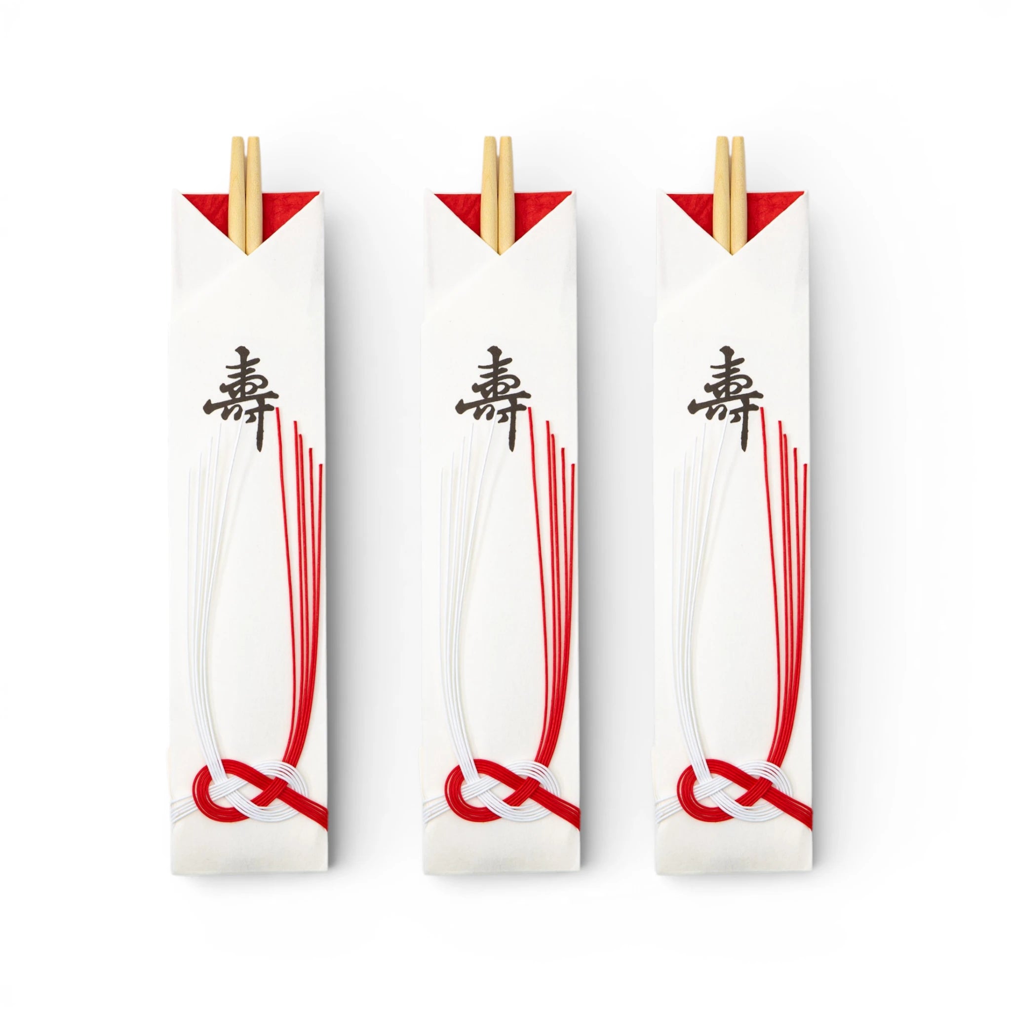 3 pairs of natural wood chopsticks by Hashikatsu, each presented in a white washi paper sleeve printed with a celebratory character and tied with a red and white awajimusubi mizuhiki cord, packaged together in a clear sleeve against a white background.