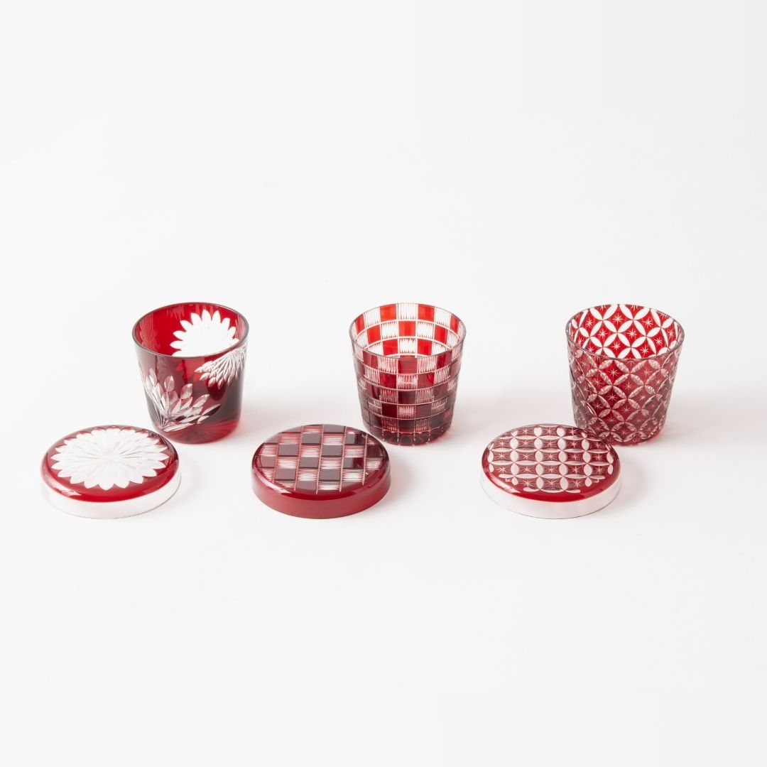 Three type of Edo Kiriko Lidded Glass with lid opened