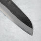 Detailed view of the tip and edge of the Ishizuchi Blue Steel No.2 Santoku Knife, emphasizing its versatility for slicing, dicing, and chopping.