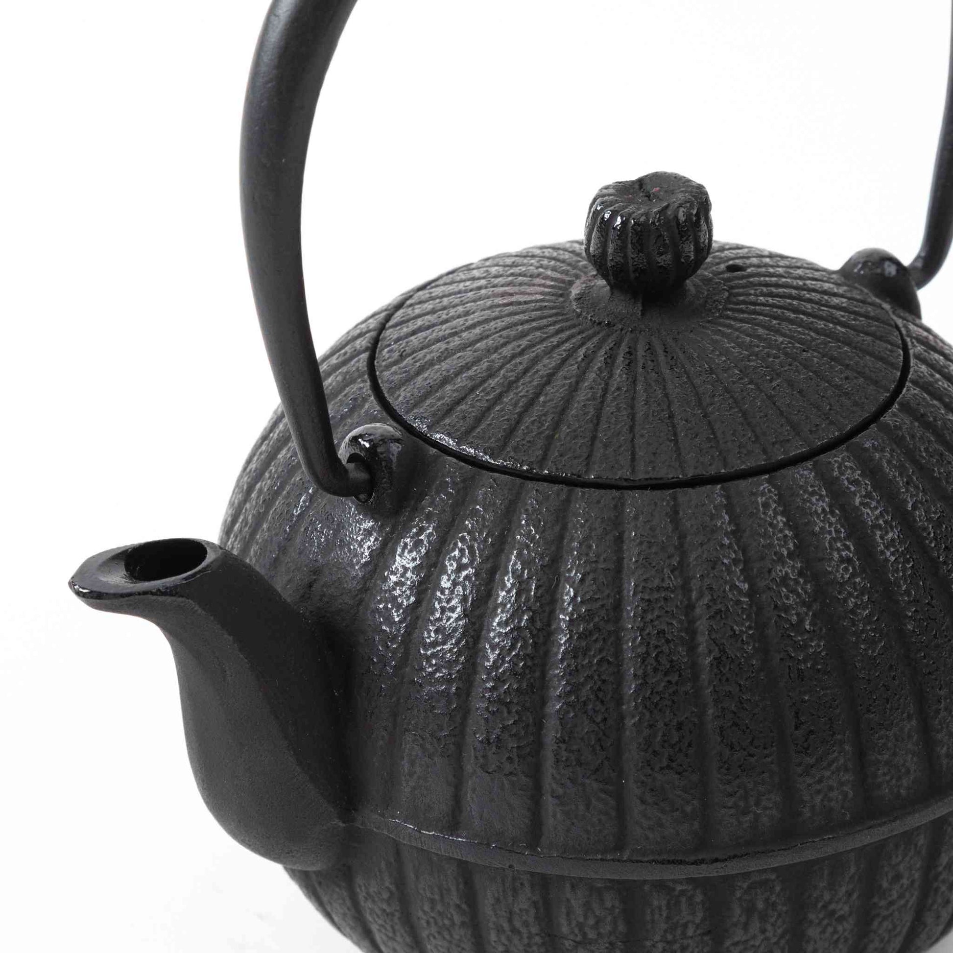 Close-up of the spout and lid of the Japanese Aster Black Nanbu Cast Iron Teapot, highlighting the detailed texture and finish.