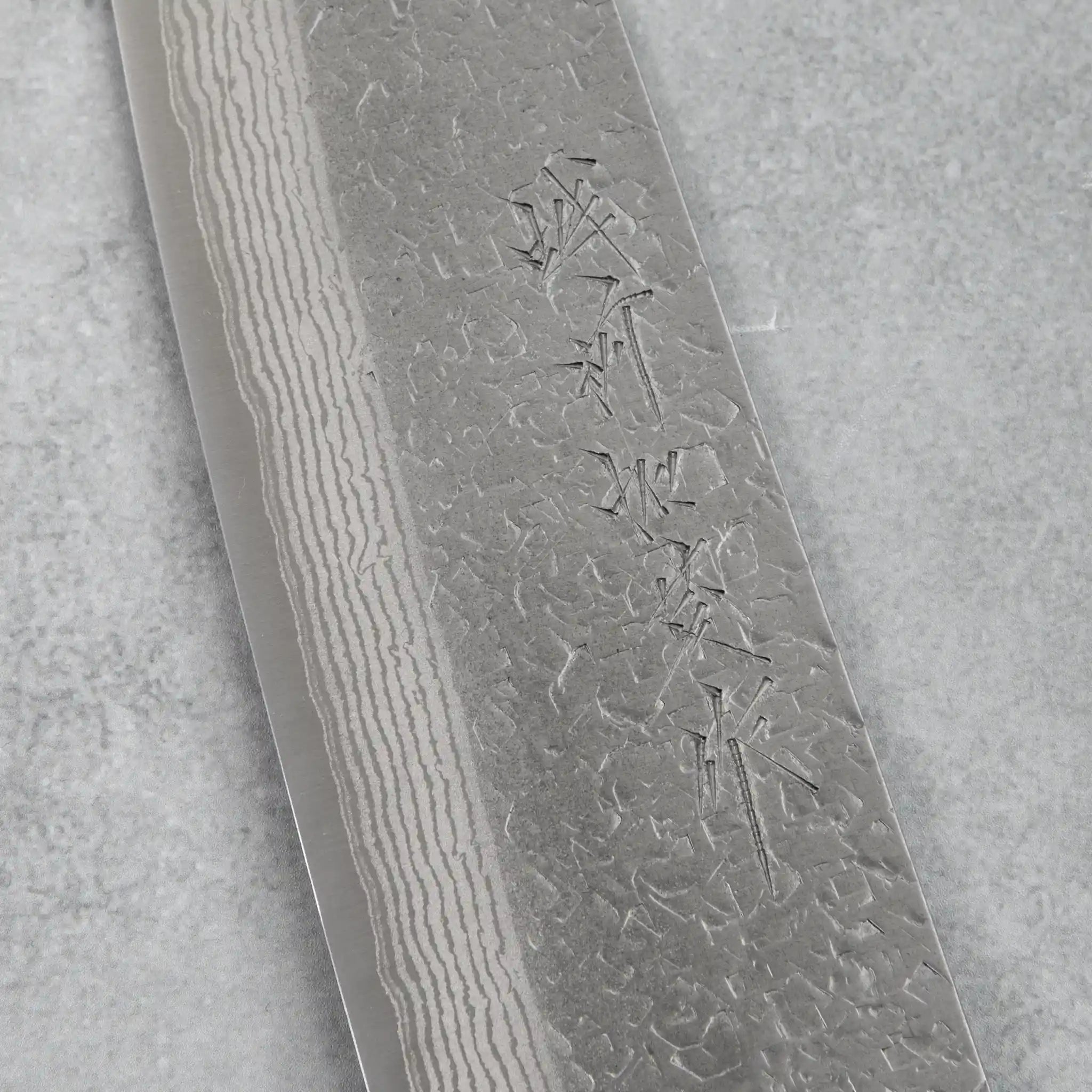 Kamo Hamono VG10 Tsuchime Damascus Juhyo Santoku Knife Purple Handle
