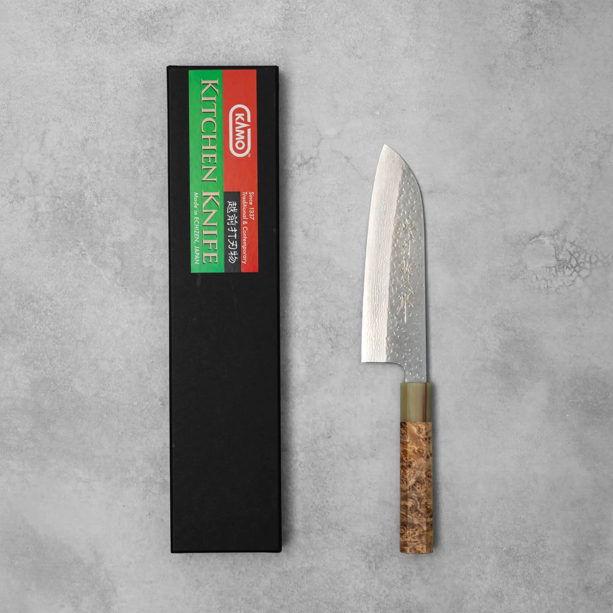 Kamo Hamono VG10 Tsuchime Damascus Shizuku Santoku Knife