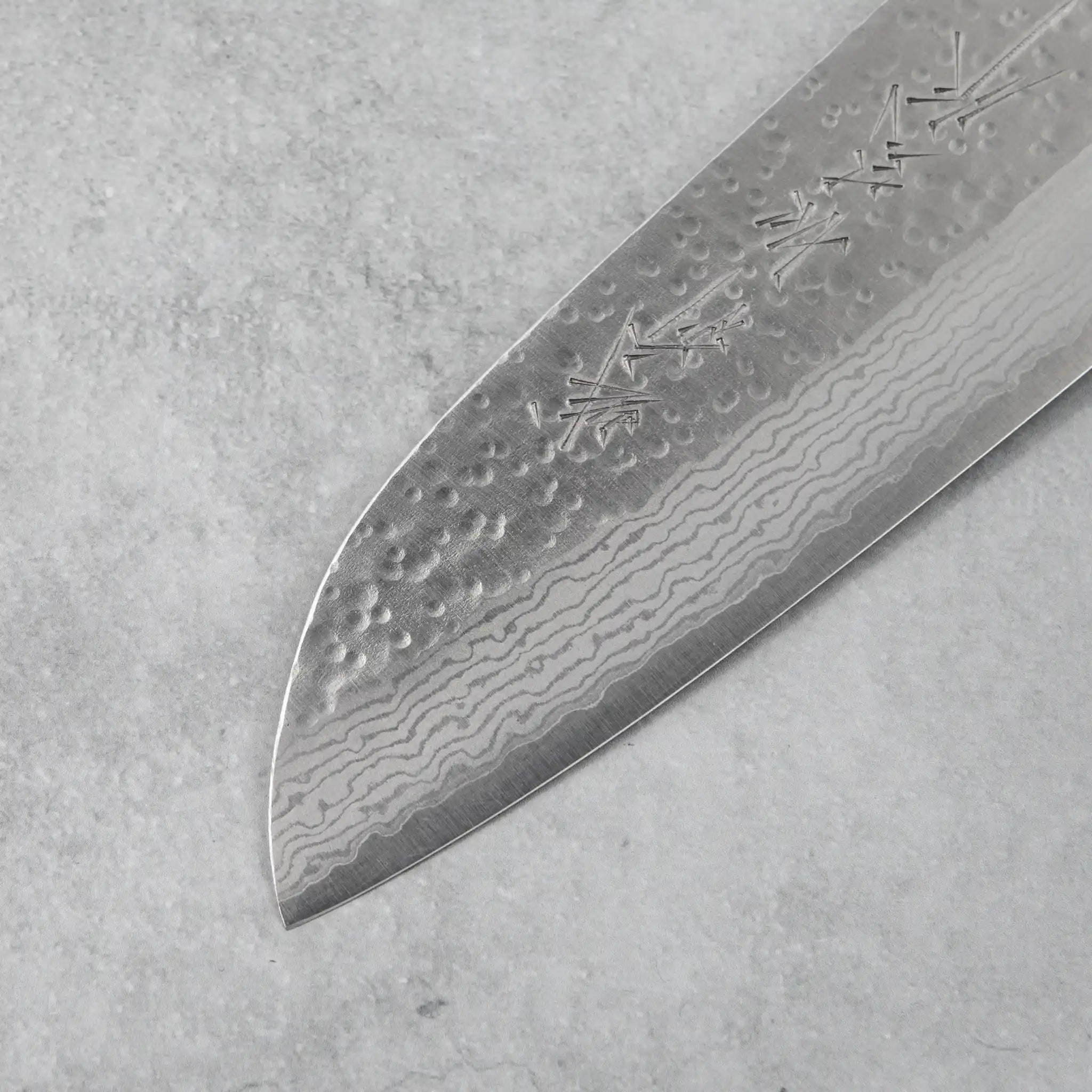 Kamo Hamono VG10 Tsuchime Damascus Shizuku Santoku Knife Purple Handle