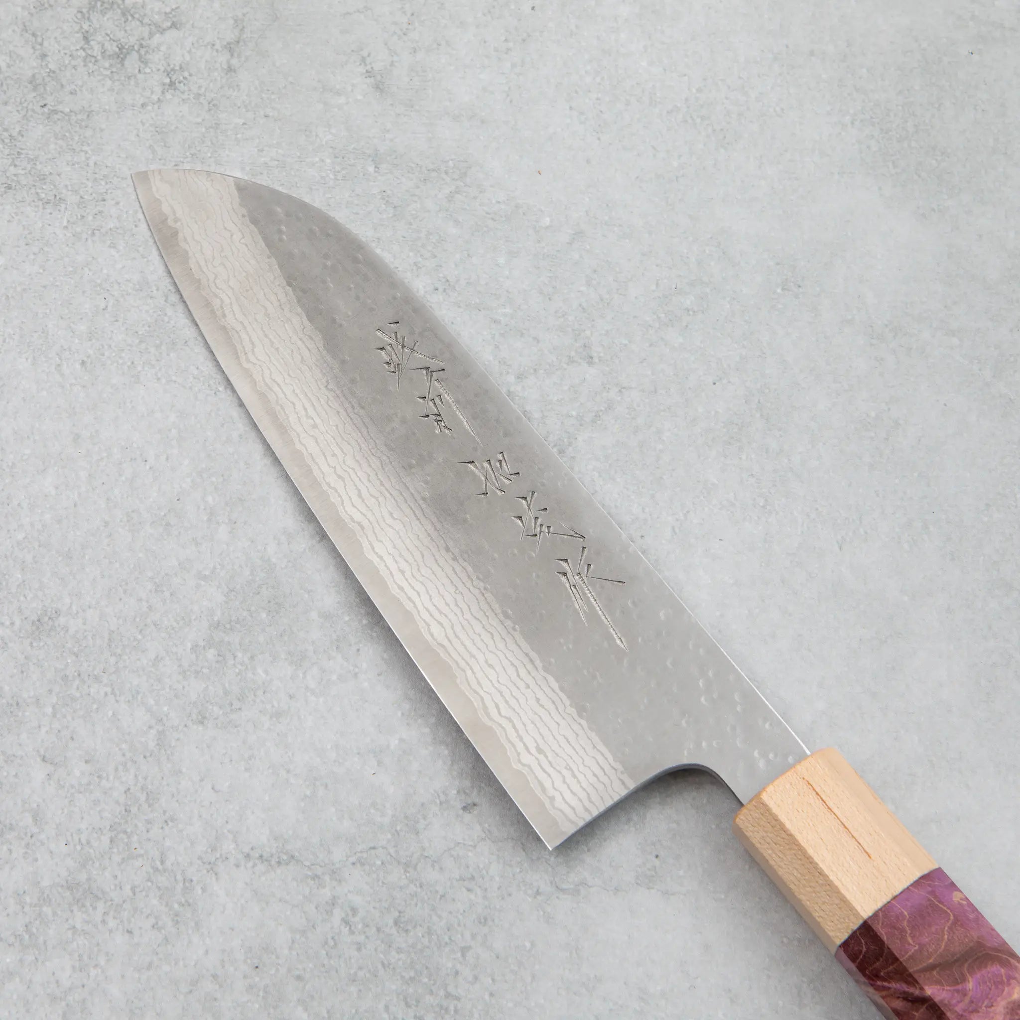 Kamo Hamono VG10 Tsuchime Damascus Shizuku Santoku Knife Purple Handle