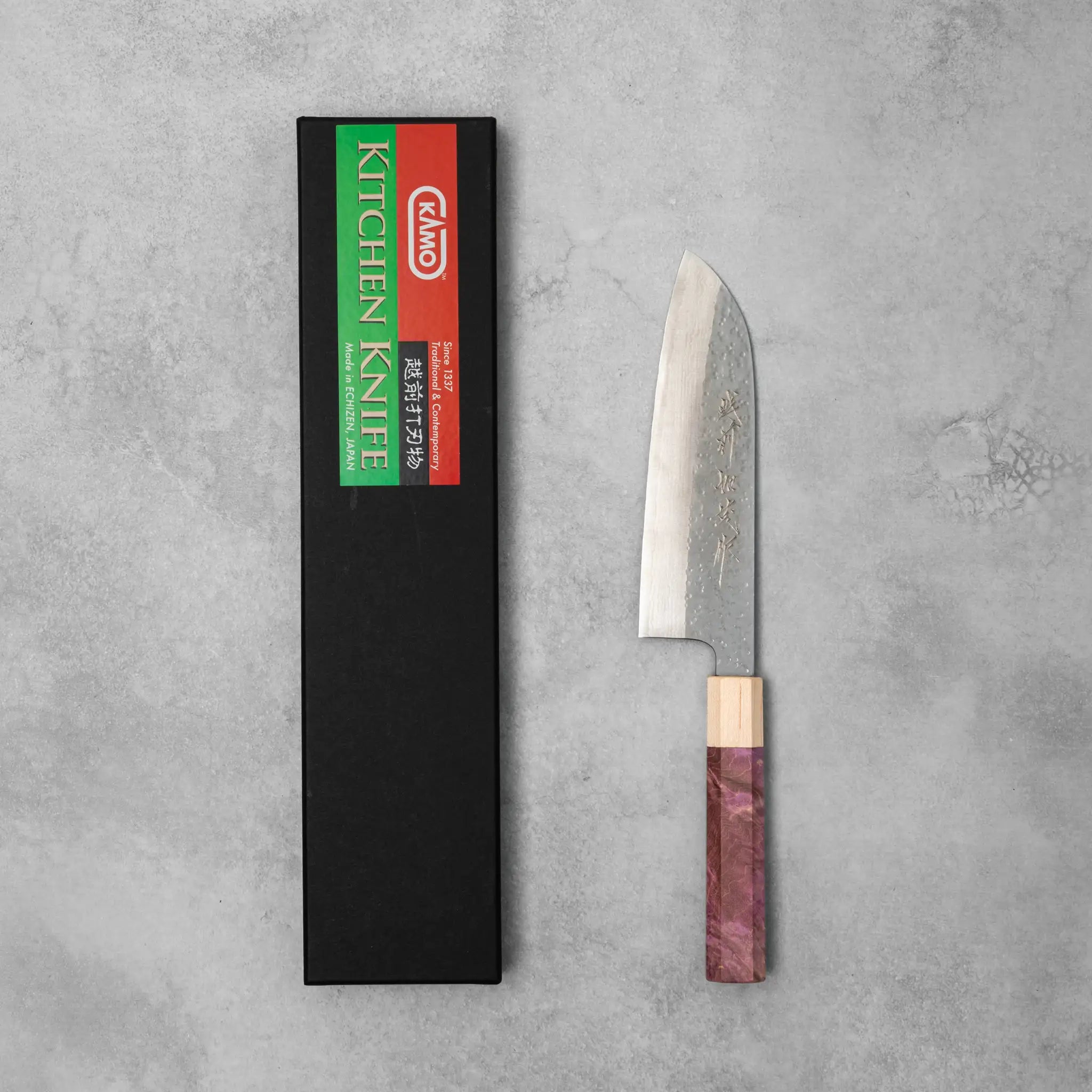 Kamo Hamono VG10 Tsuchime Damascus Shizuku Santoku Knife Purple Handle