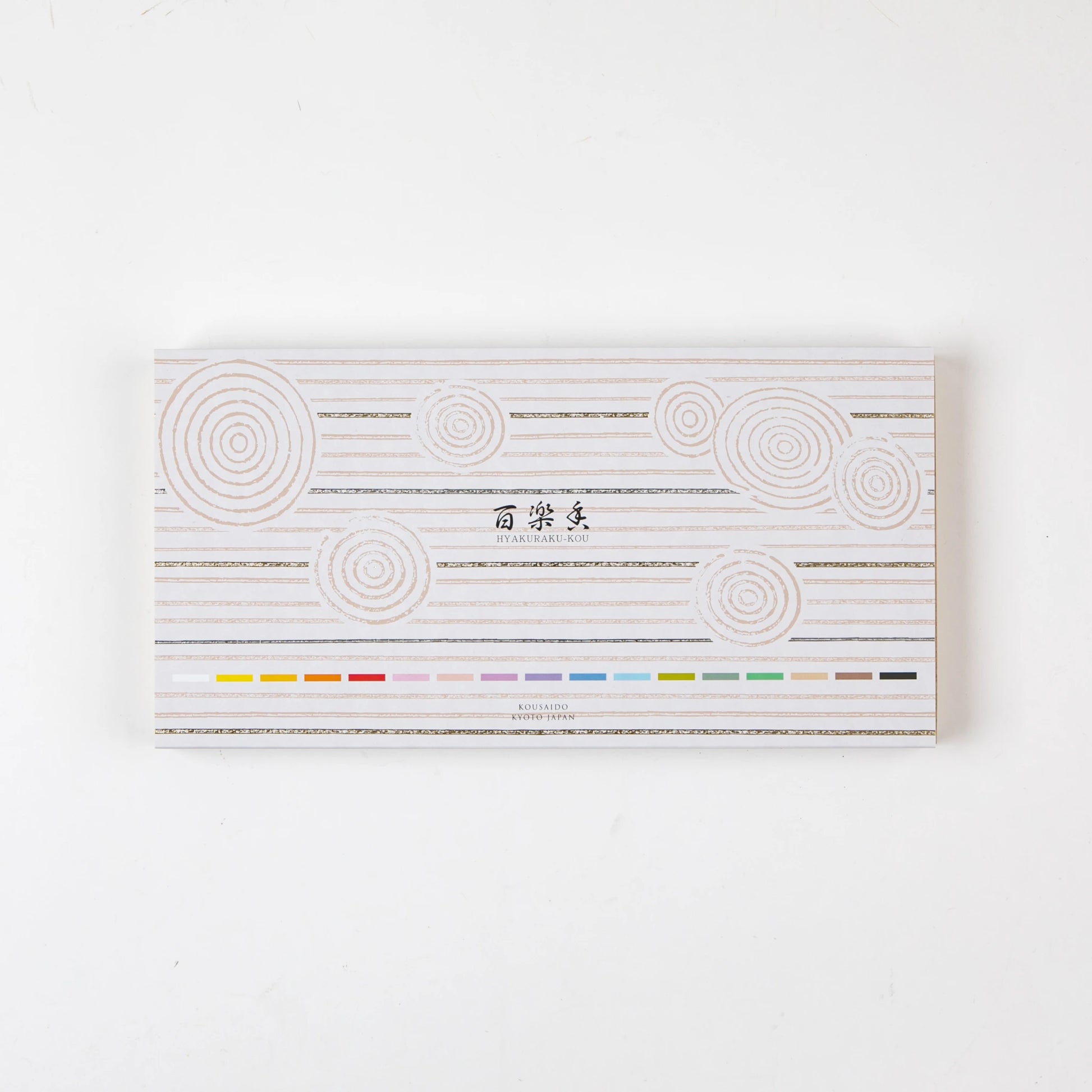Closed box of Kosaido Hyakuraku-kou incense, decorated with circular line motifs and scent color indicators.