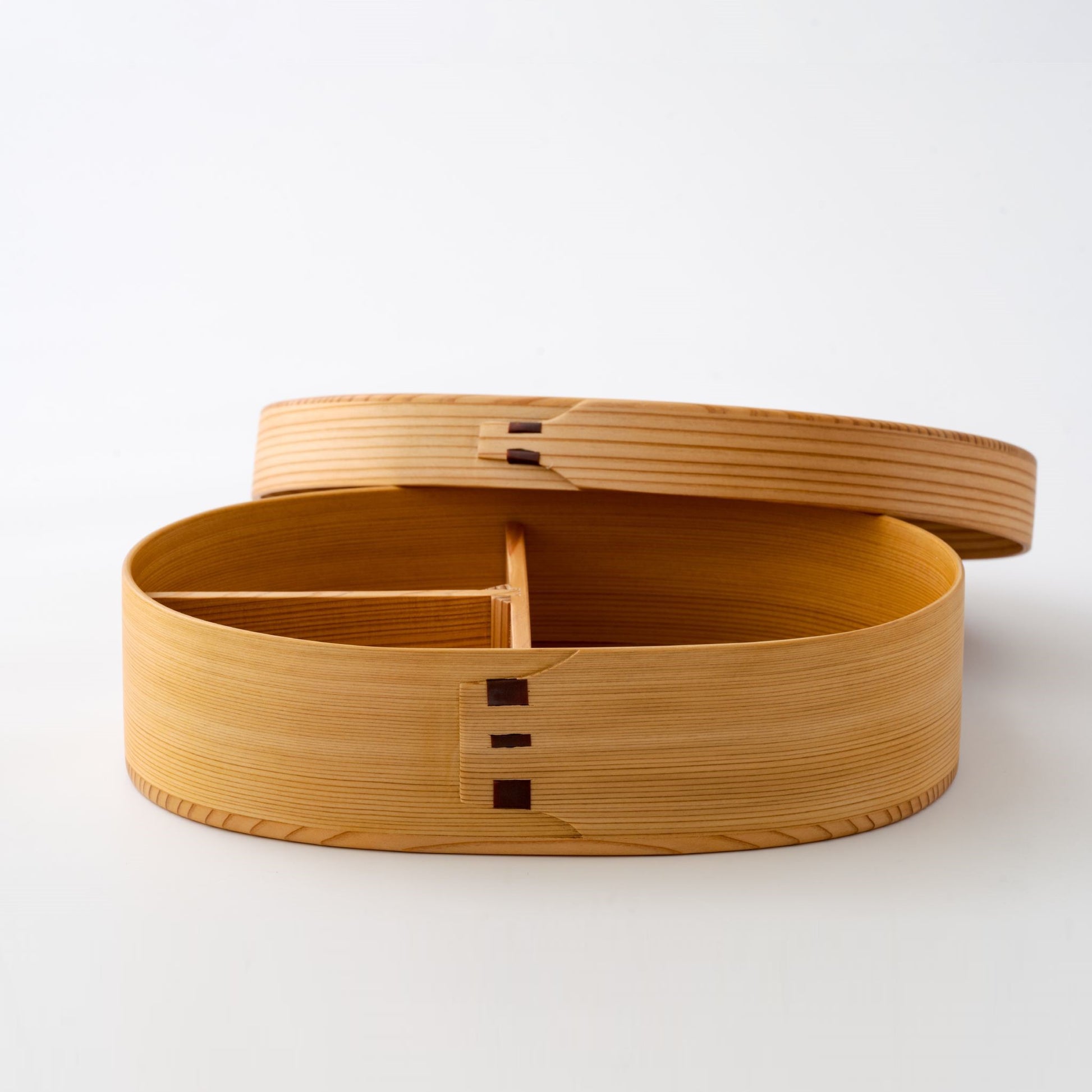 Opened Magewappa Omotenashi bento box with removable compartment, perfect for beautifully arranging meals - handcrafted Japanese bento box.