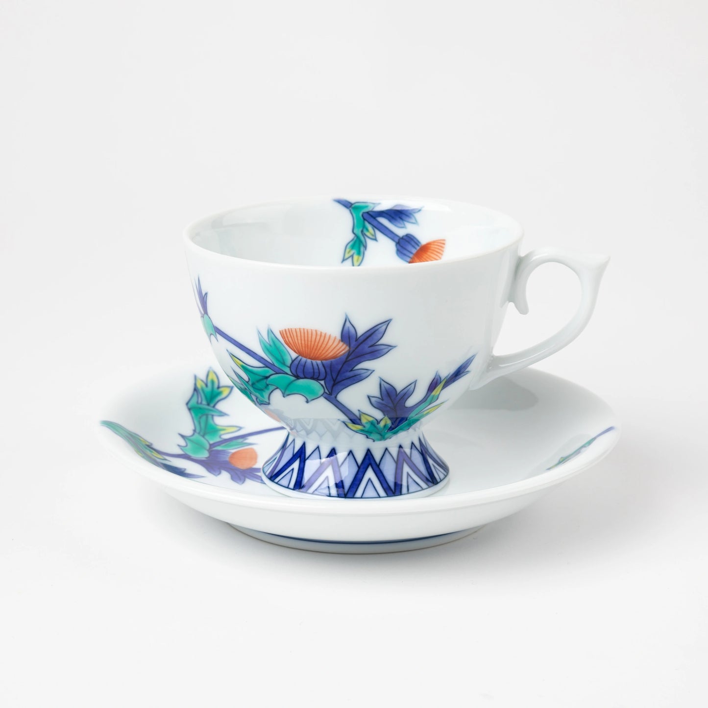 Iro-Nabeshima Glazed Porcelain Thistle Coffee Cup and Saucer Set