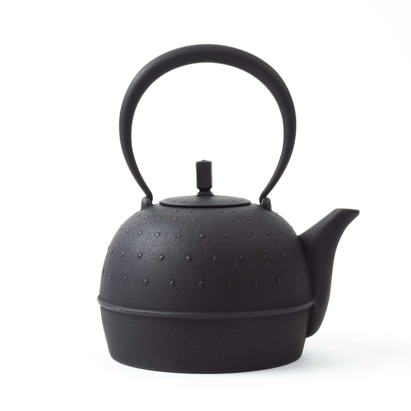 Side view of the Classic Arare black Nambu cast iron teapot, showcasing the spout and unique textured pattern.
