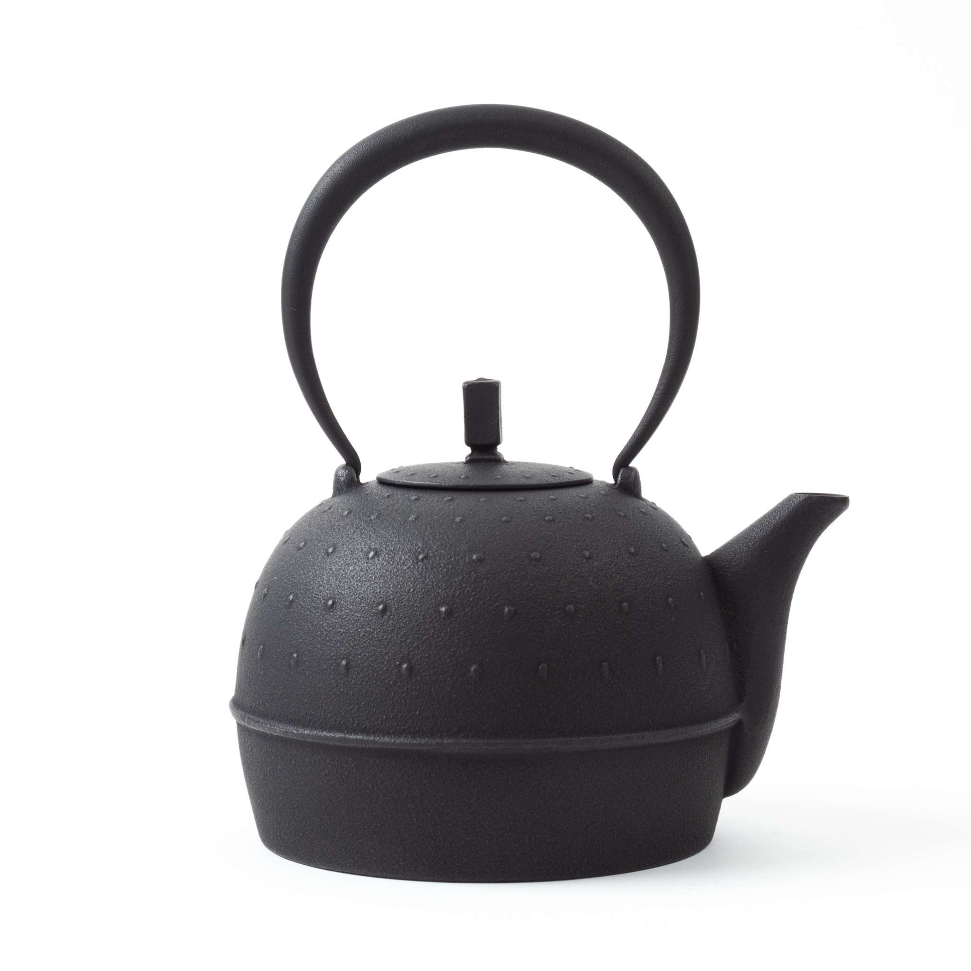 Side view of the Classic Arare black Nambu cast iron teapot, showcasing the spout and unique textured pattern.