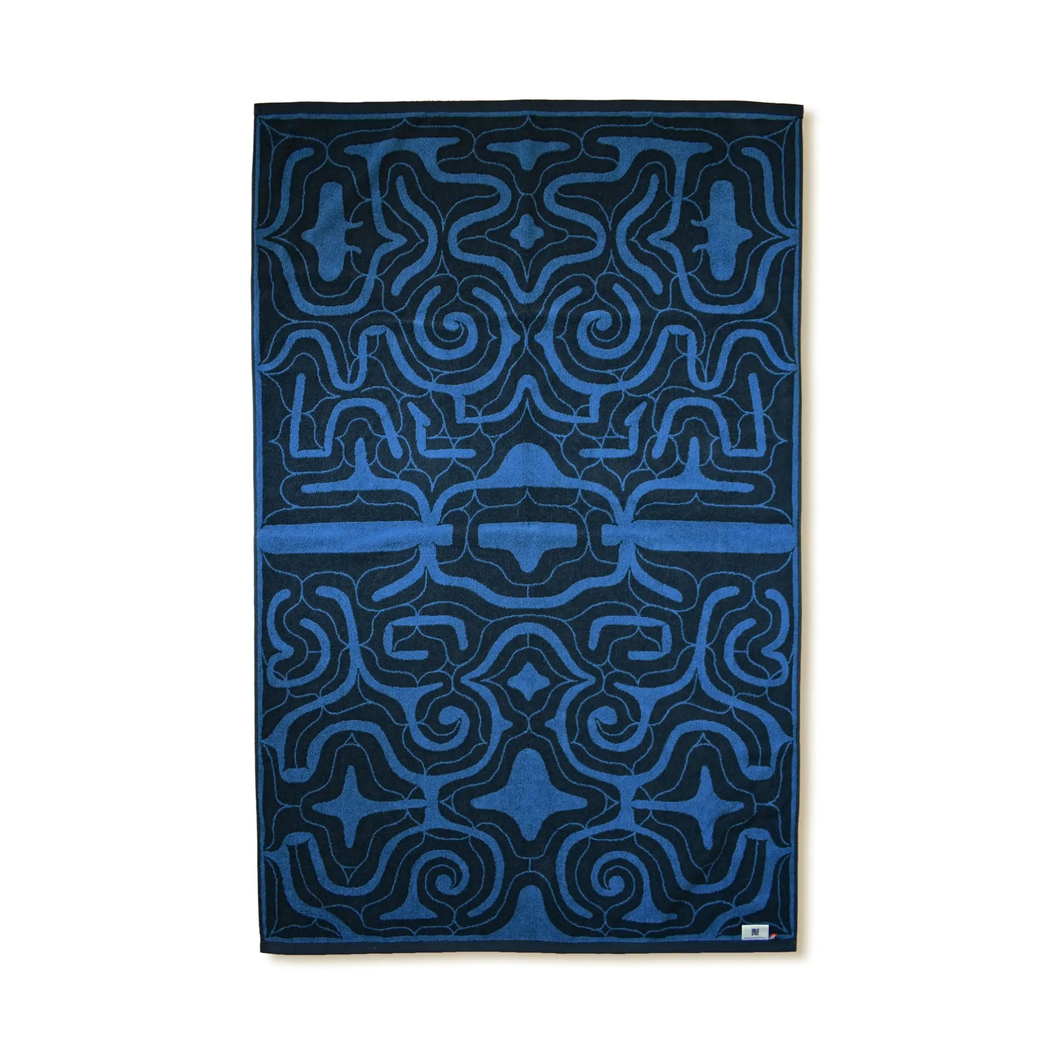 Blue Ainu patterned towel on a white background