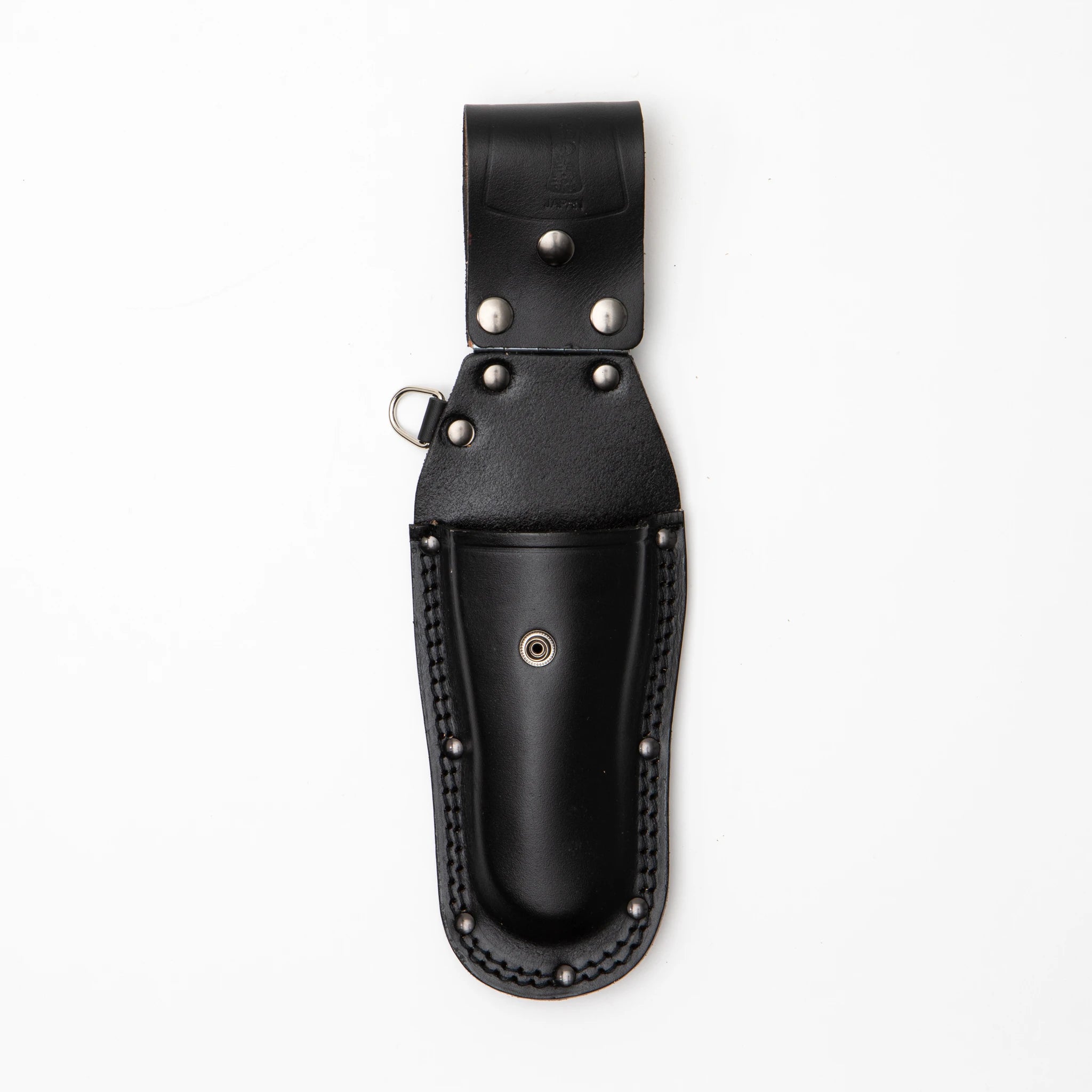 Front view of the Onoyoshi Hamono black full-grain leather pruning shears case, showing a wide rounded profile with stud detailing, snap button closure, D-ring attachment on the left side, and a wide belt loop at the top embossed with the Onoyoshi mark.
