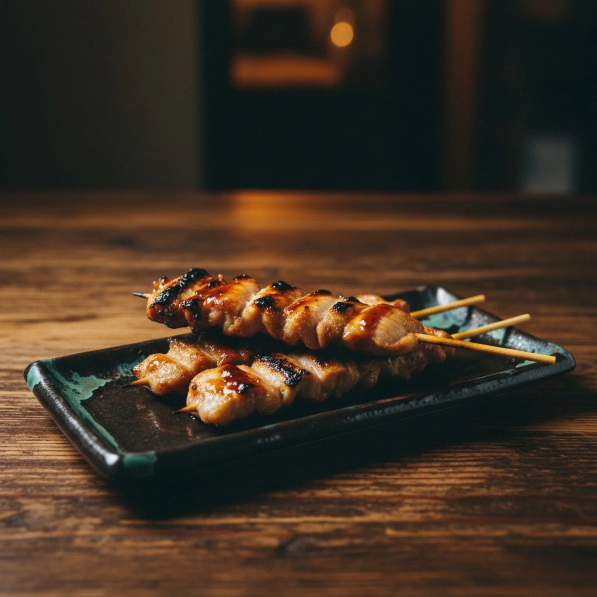 Japanese yakitori on a dark ryumonji ware plate with a blurred background
