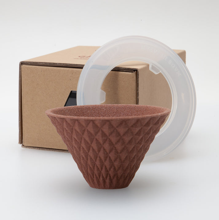 Sancera Hasami ware ceramic coffee filter in brown together with holder