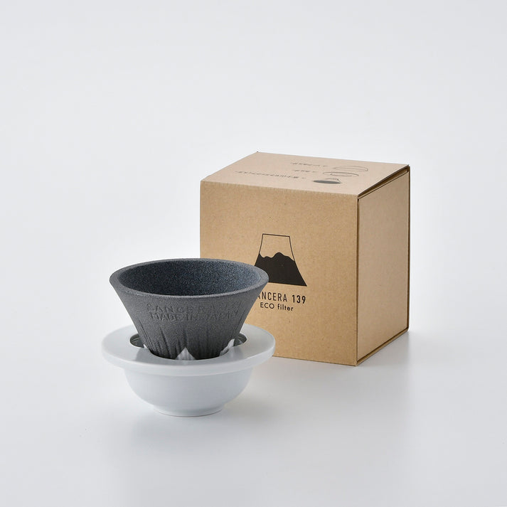 Sancera Hasami Ware Ceramic Mt. Fuji coffee filter on the holder and saucer