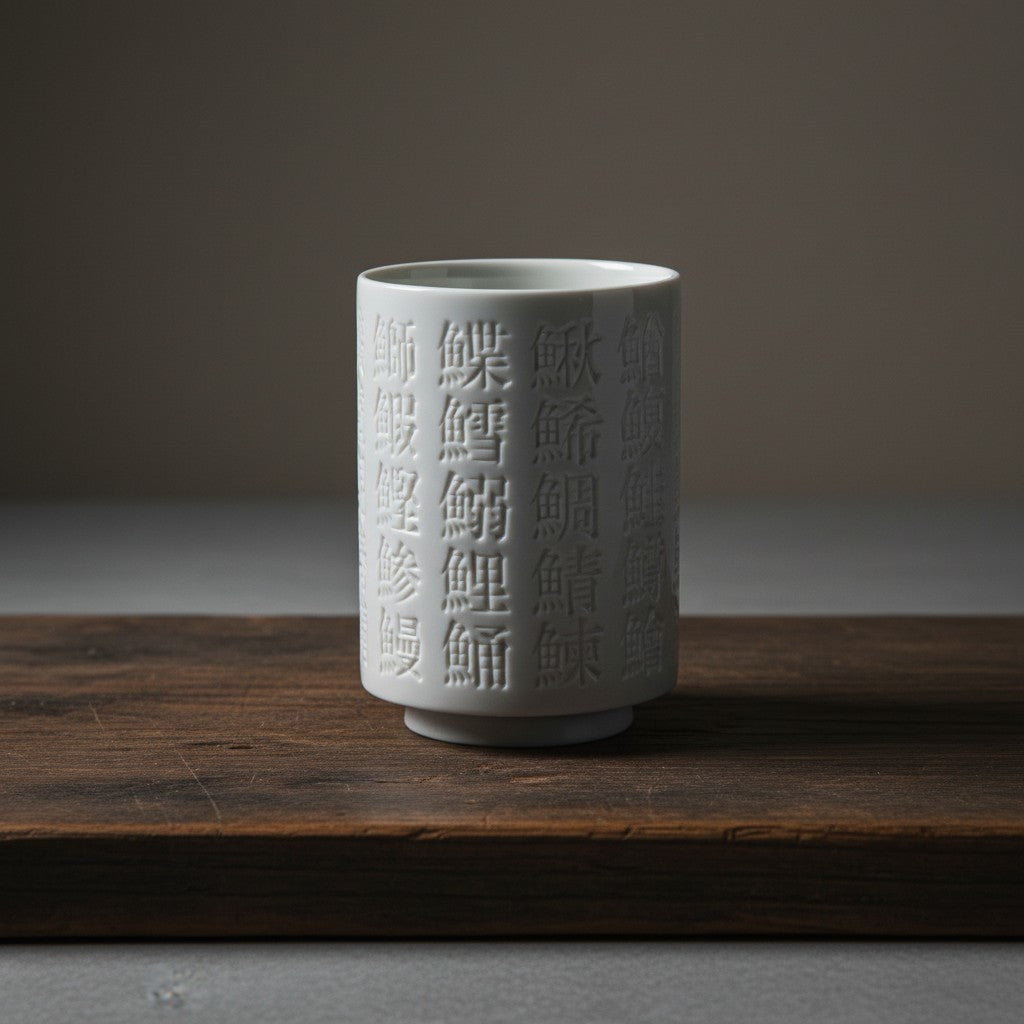 White ceramic cup with embossed Kanji characters on a wooden surface
