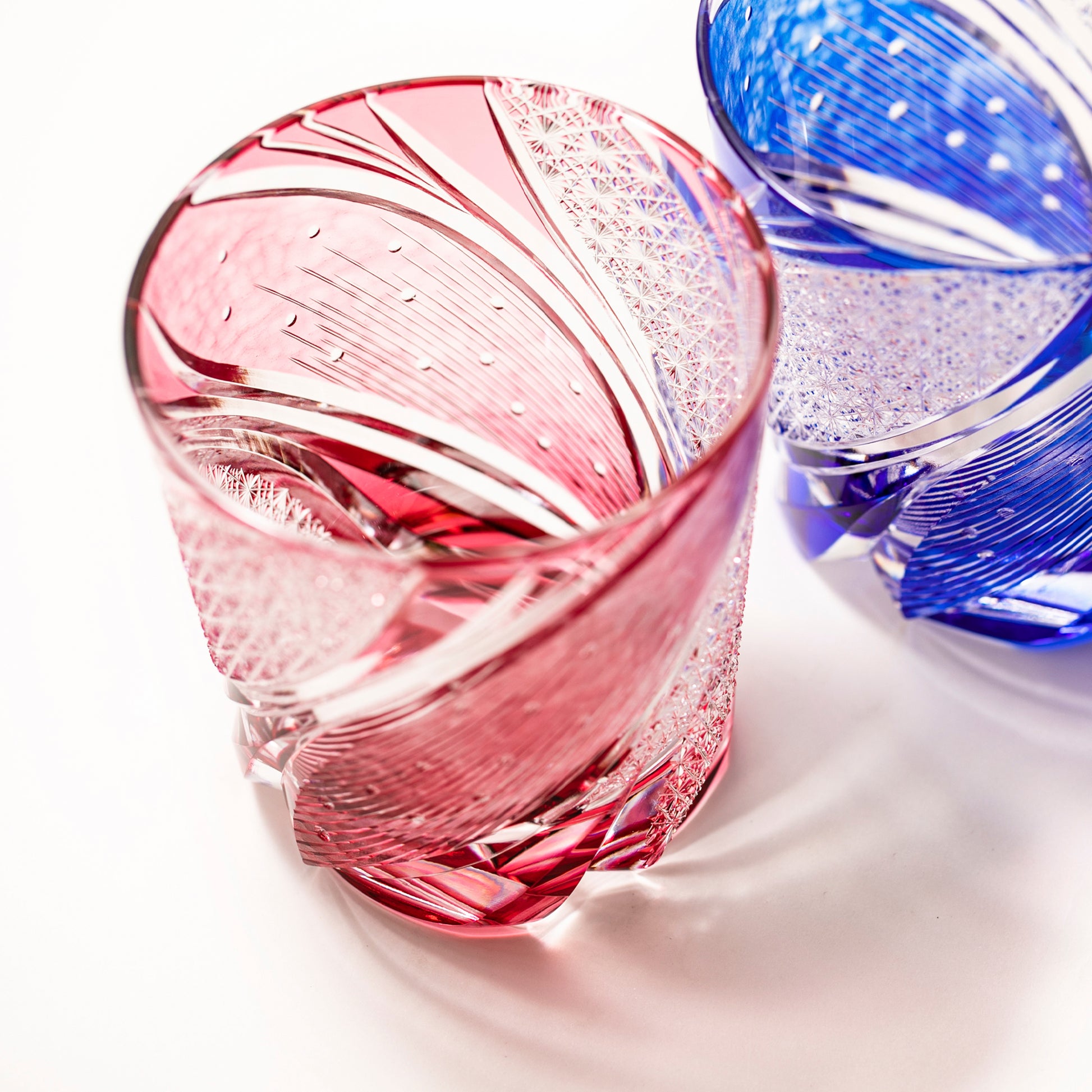 Red and Azure blue Edo Kiriko Meteor Whiskey Glasses from Tableau
