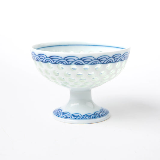Tanshingama Goblet with pedestal base, celadon dotted texture, and classic wave motif around the rim.