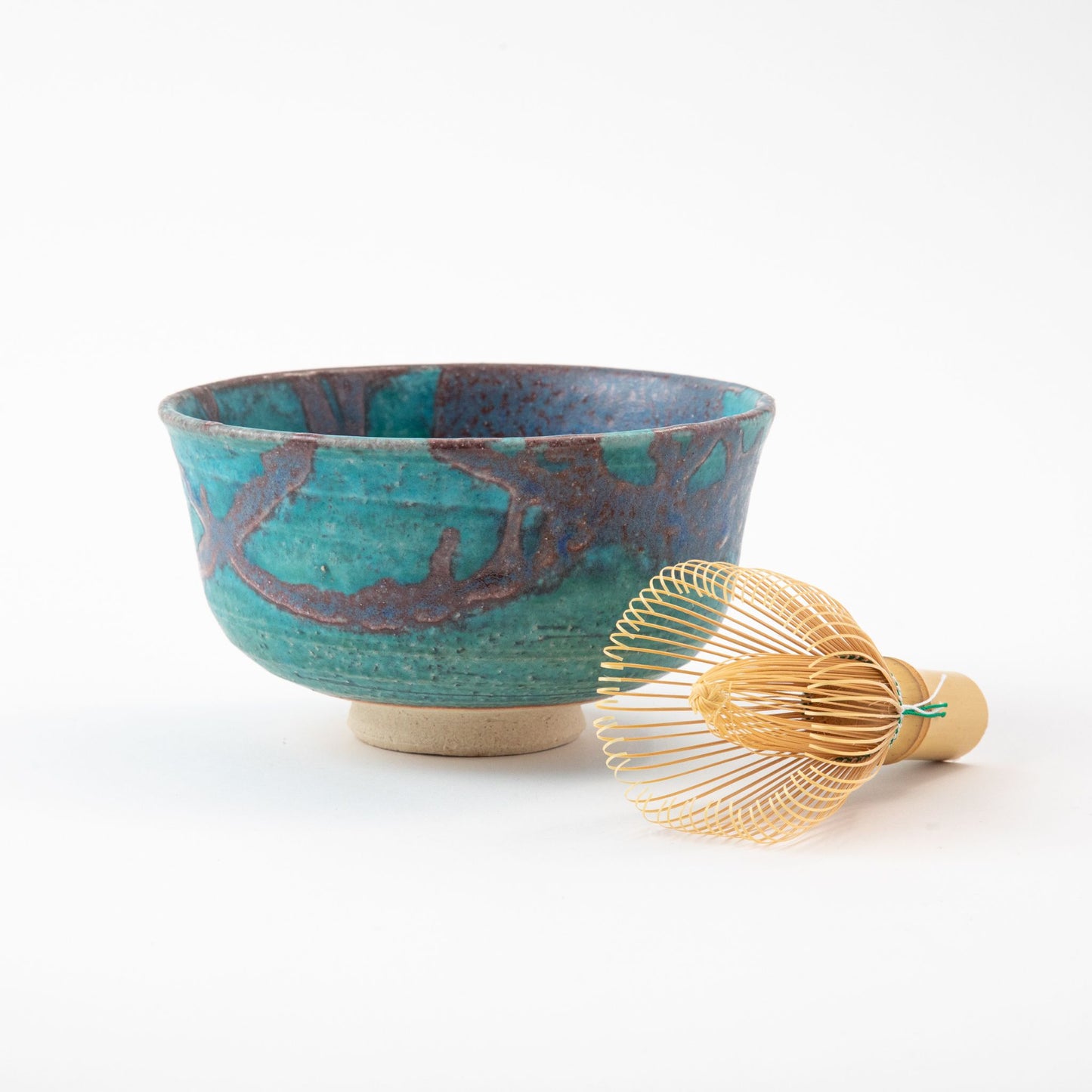 Turquoise blue Tsuyukusa Shigaraki-ware Matcha Tea Bowl with matcha bamboo whisk